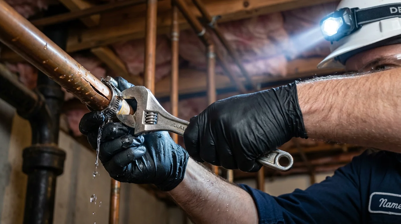 Emergency pipe clamp repair being performed by a Johns Plumbing LLC plumber in Sandusky