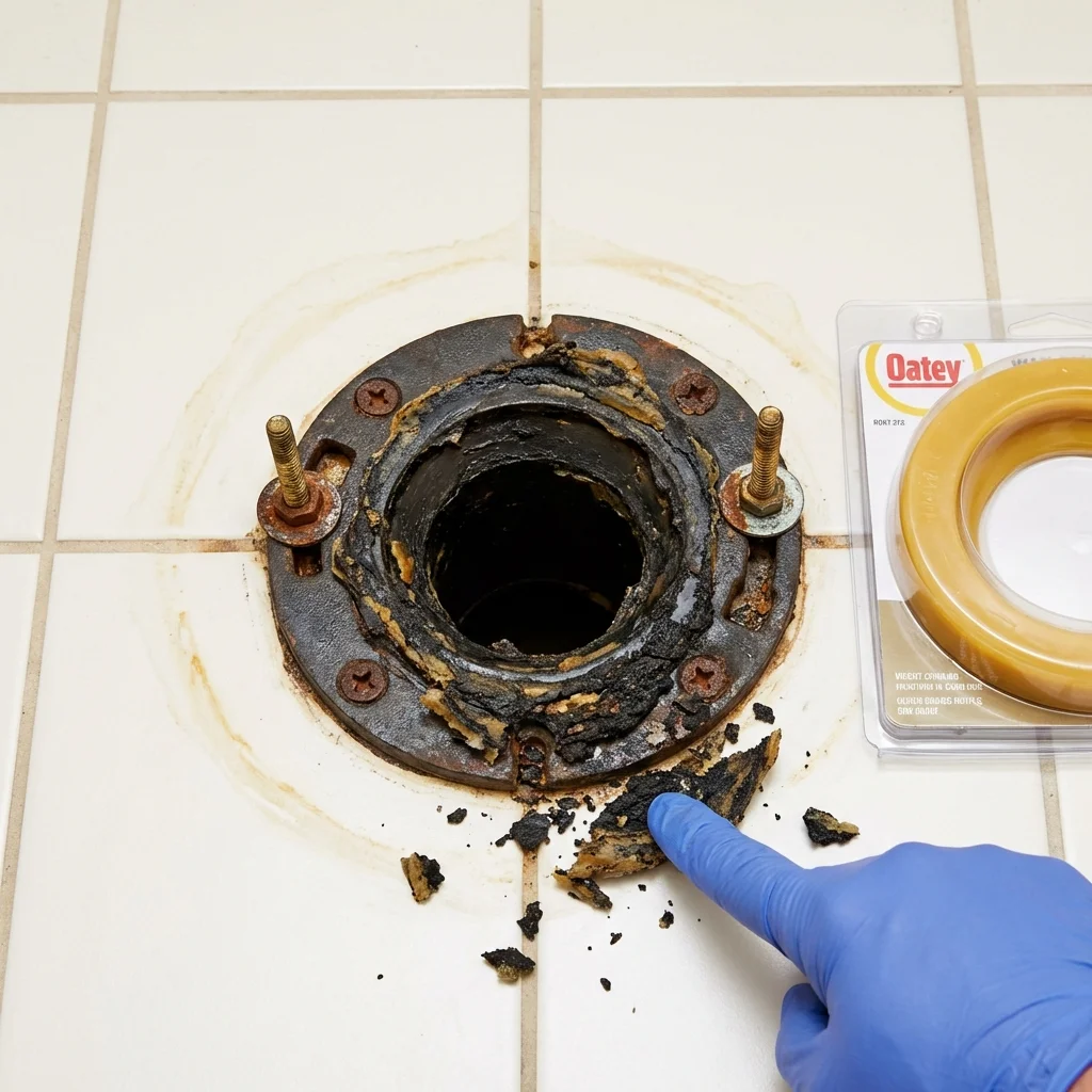Failed wax ring showing water seepage at the base of a toilet in a Sandusky, MI home