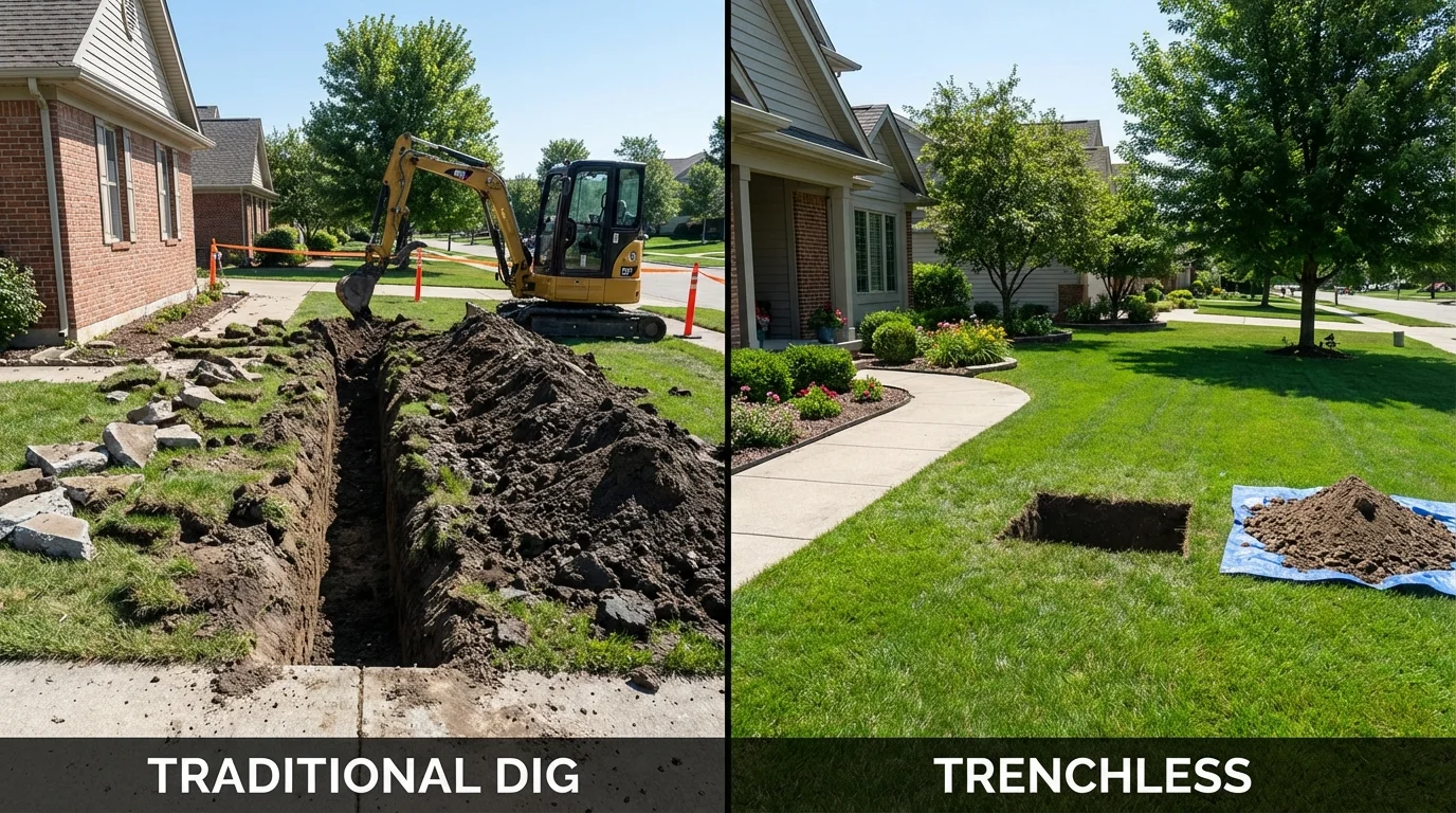 Trenchless sewer repair with minimal yard damage versus traditional excavation in Sandusky, MI