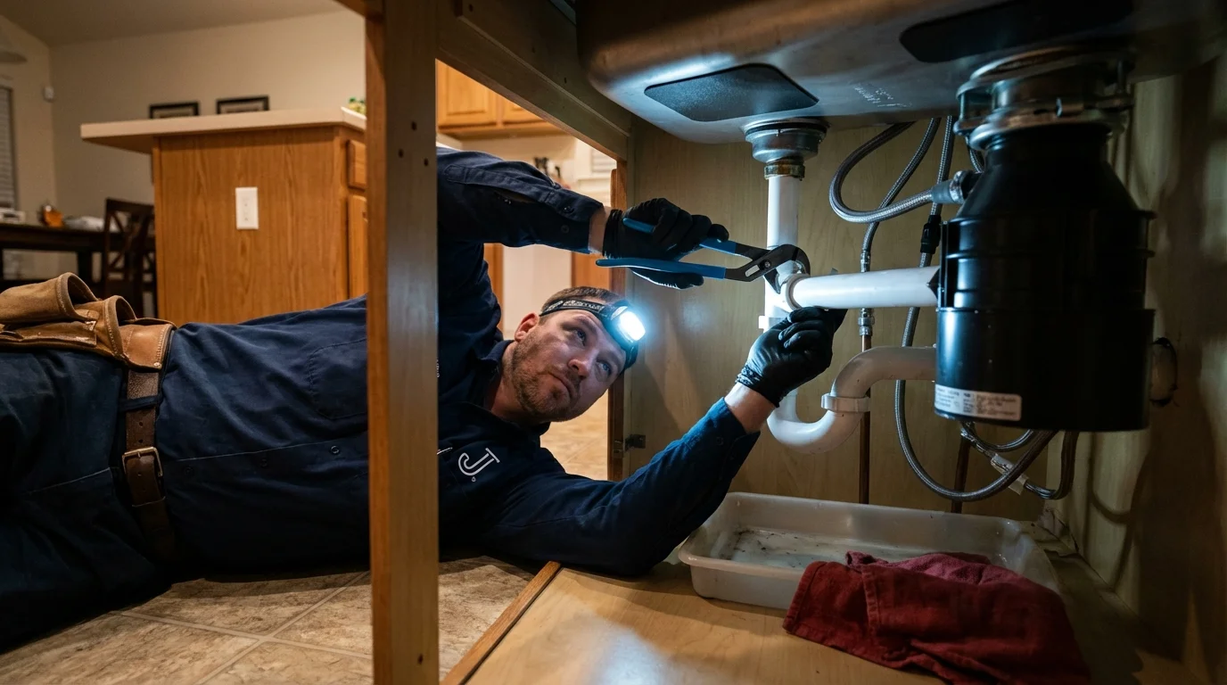 P-trap and supply line connections under a kitchen sink showing a common leak point in Sandusky, MI
